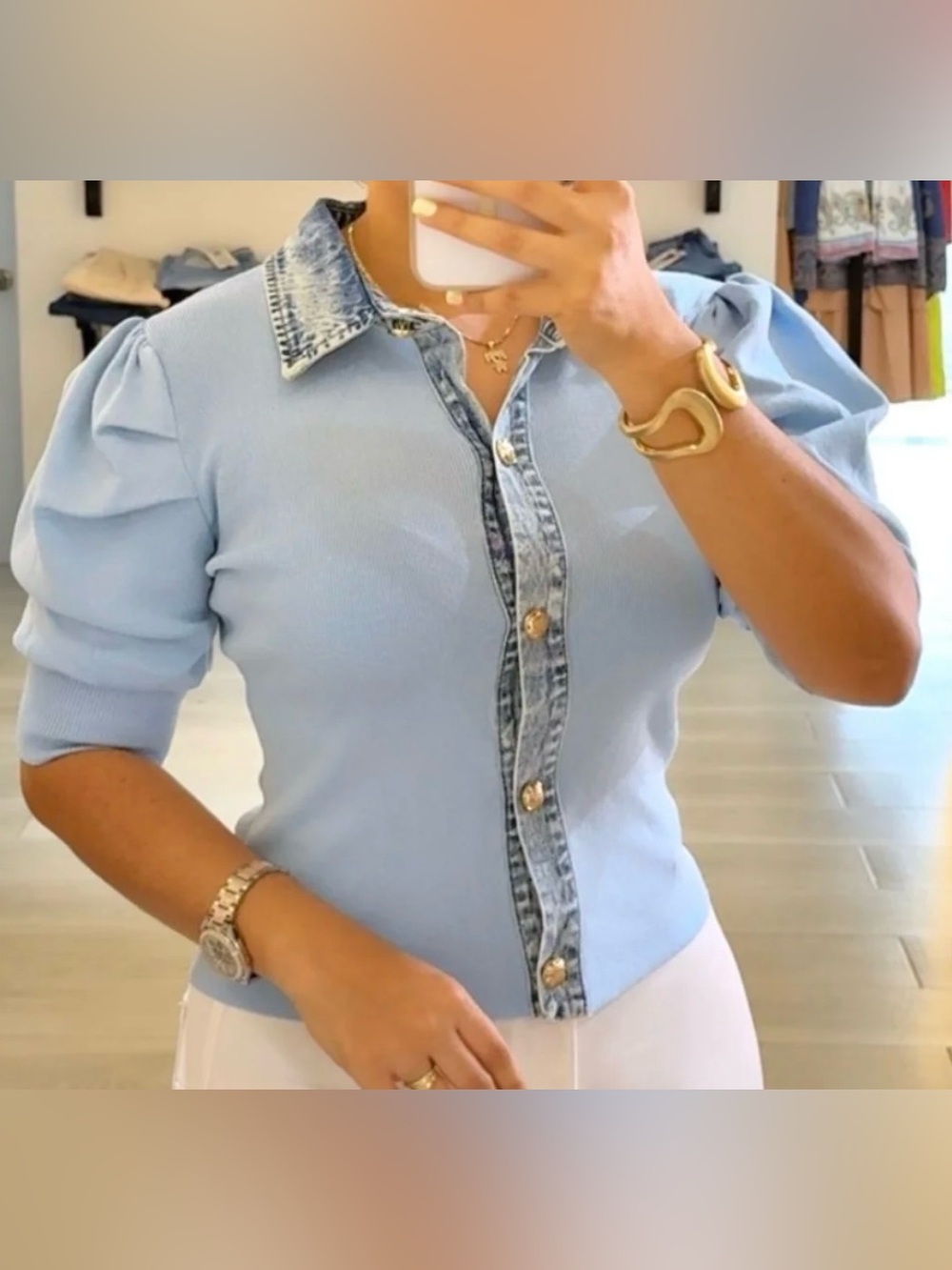 NWT Light Blue Puff-Sleeve Knit Top with Denim Trim